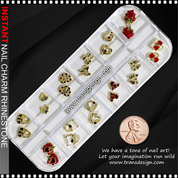 NAIL CHARM RHINESTONE Gold & Red Collection 24/Case