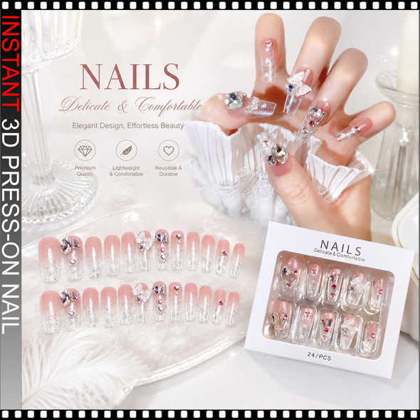 INSTANT 3D Luxury Pink Crystal Butterfly Bow Press-On Nails 24/Pack