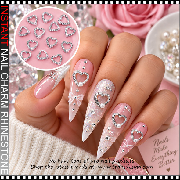 NAIL CHARM RHINESTONE Elegant Silvery Heart 12/Case