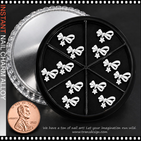 NAIL CHARM ALLOY - SILVER BOW WITH DANGLING STAR 10-CASE