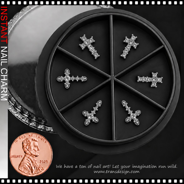 NAIL CHARM RHINESTONE - SILVER CROSS ASSORTED DESIGNS 6/CASE