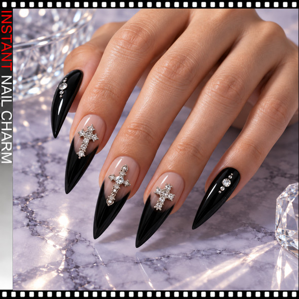 NAIL CHARM RHINESTONE - SILVER CROSS ASSORTED DESIGNS 6/CASE