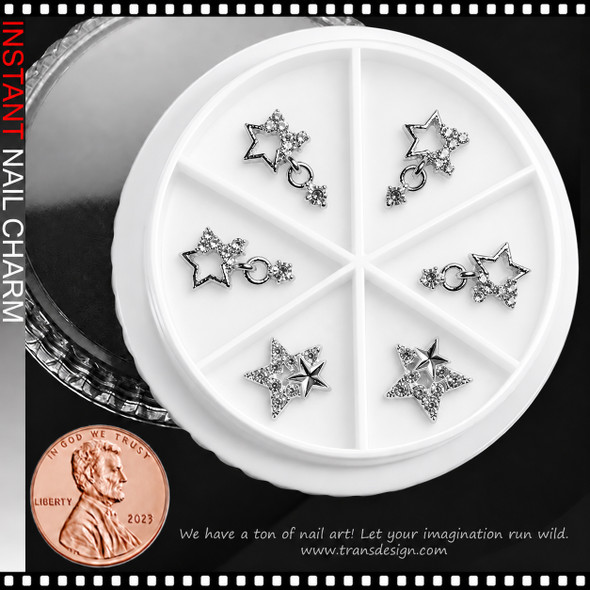 NAIL CHARM RHINESTONE - STAR & DANGLING STAR, SILVER 6/CASE