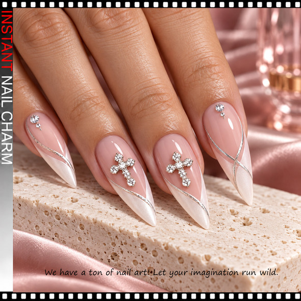 NAIL CHARM RHINESTONE - SILVER CROSS 6/CASE