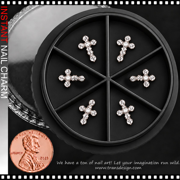 NAIL CHARM RHINESTONE - SILVER CROSS 6/CASE