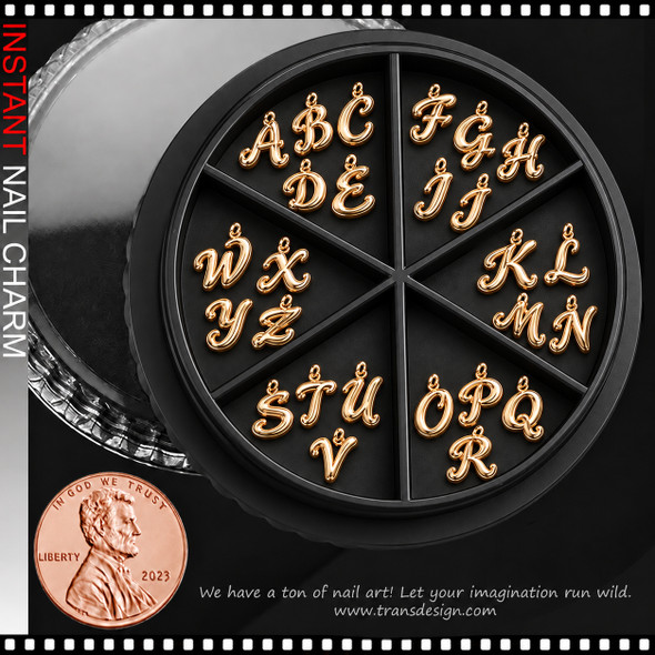 NAIL CHARM ALLOY - CURSIVE ALPHABET A-Z GOLD 26/CASE