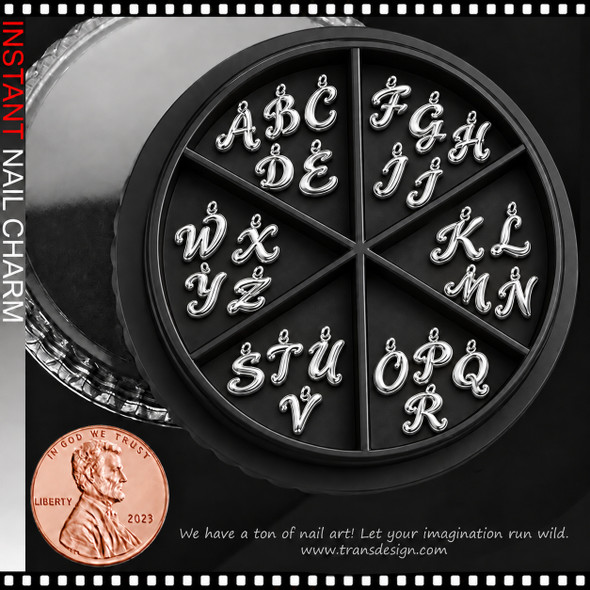 NAIL CHARM ALLOY - CURSIVE ALPHABET A-Z SILVER WITH LOOP 26/CASE