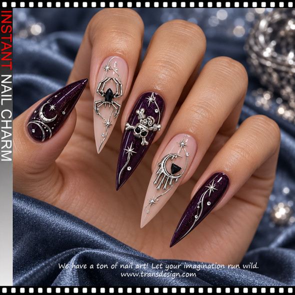 NAIL CHARM RHINESTONE – SPIDER, SKULL & CRESCENT MOON MIX SILVER & BLACK 6/CASE