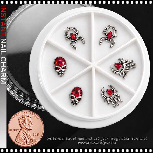 NAIL CHARM RHINESTONE – SPIDER, SKULL & CRESCENT MOON MIX SILVER & RED 6/CASE