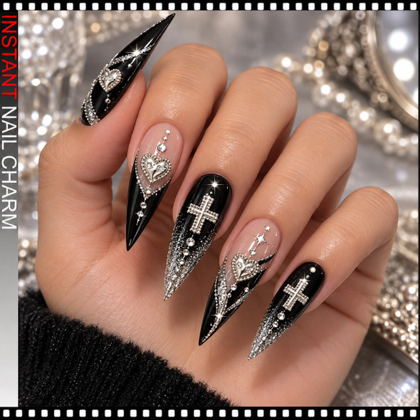 NAIL CHARM ALLOY – SILVER HEART & CROSS 12-CASE