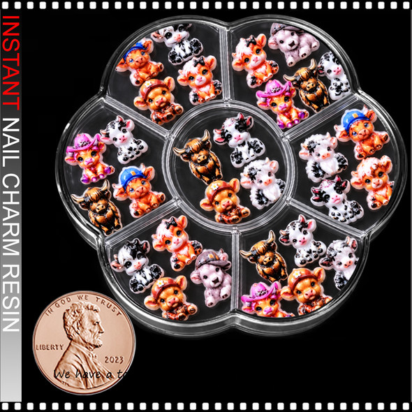 NAIL CHARM RESIN 3D MINI CARTOON COW ASSORTED 34/CASE