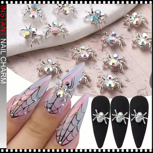 NAIL CHARM RHINESTONE 3D SPIDER SILVERY AB 6-CASE