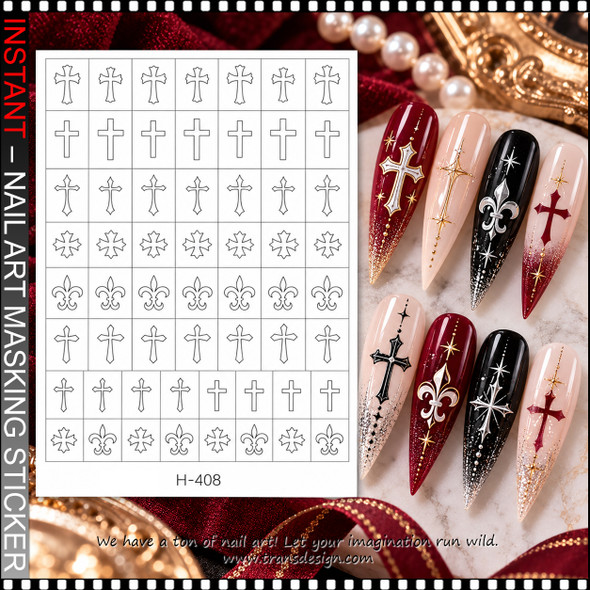 NAIL ART MASKING STICKERS – CROSSES & FLEUR-DE-LIS #H-408