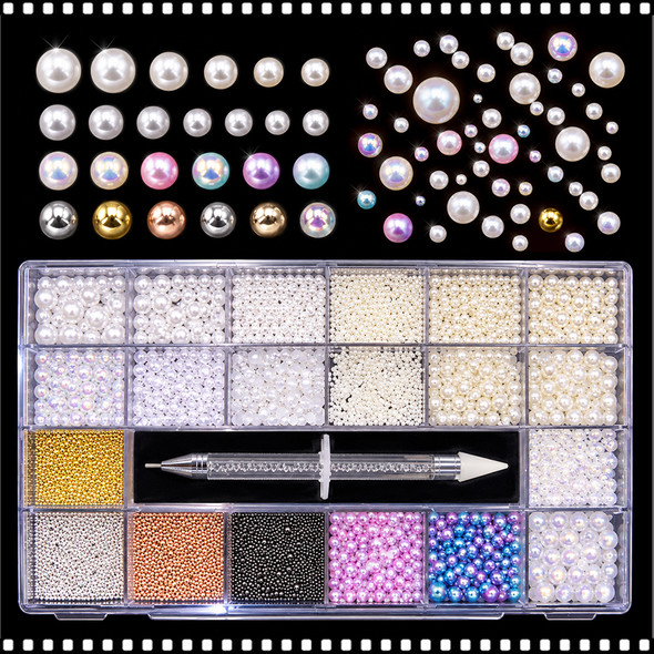 NAIL ART PEARLS & BEADS – ASSORTED SIZES & COLORS, WITH PICKING TOOL