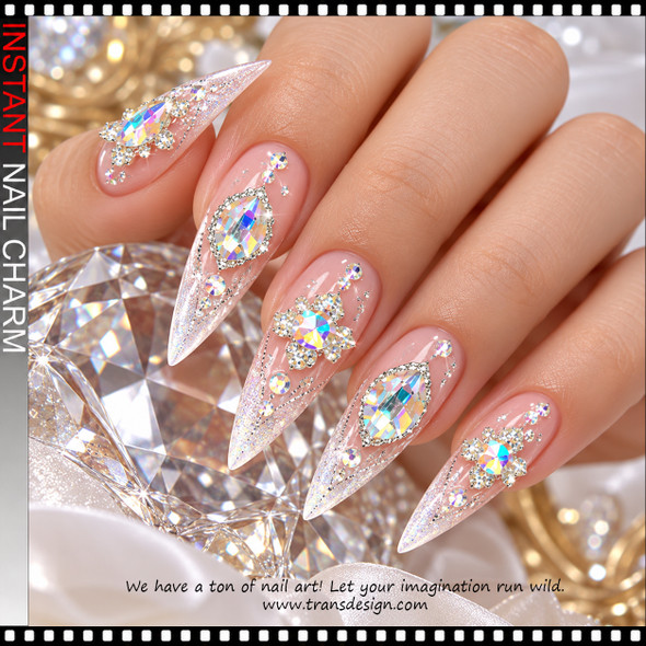 NAIL CHARM ALLOY & RHINESTONE CRYSTAL AB, 3D ASSORTED OVAL, MARQUISE & FLORAL SHAPES – SILVER METAL 6/CASE