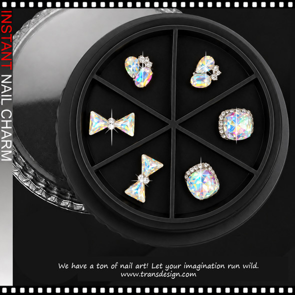 NAIL CHARM ALLOY & RHINESTONE CRYSTAL AB, 3D ASSORTED BOW & SQUARE SHAPES – SILVER METAL 6/CASE