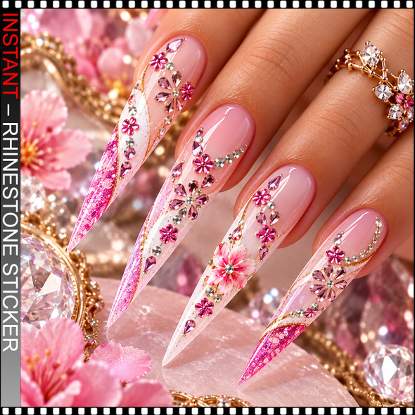 RHINESTONE NAIL STICKER – PINK CRYSTAL FLORAL CORNER *