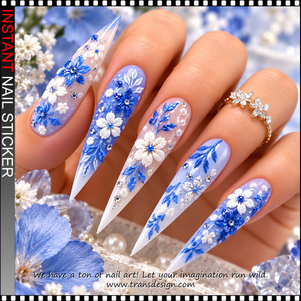 5D NAIL STICKER – BLUE & WHITE FLORAL BLOSSOMS *