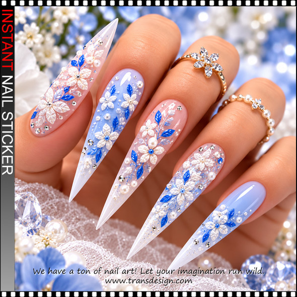 5D NAIL STICKER – PEARL WHITE BLOSSOMS WITH BLUE ACCENTS *