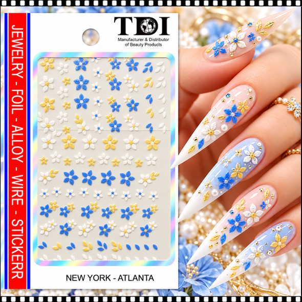 5D NAIL STICKER – BLUE, WHITE & GOLD FLORAL BLOSSOMS *