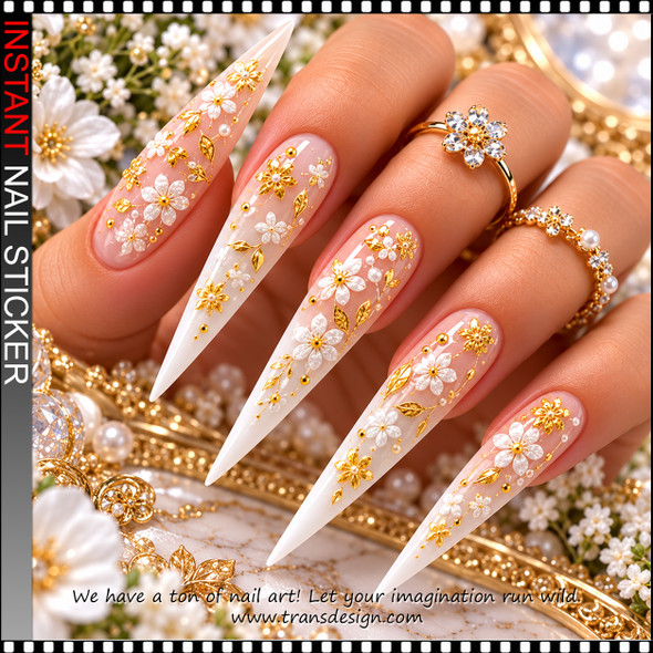 5D NAIL STICKER – BLUE, WHITE & GOLD MINI FLORAL BLOSSOMS *