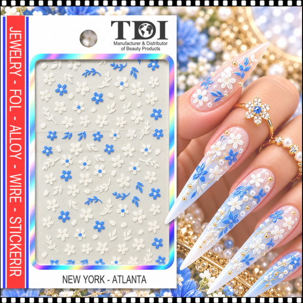 5D NAIL STICKER – BLUE & PEARL WHITE FLORAL BLOSSOMS *
