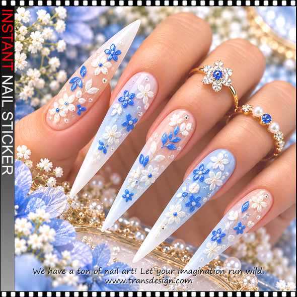 5D NAIL STICKER – BLUE & PEARL WHITE FLORAL BLOSSOMS *