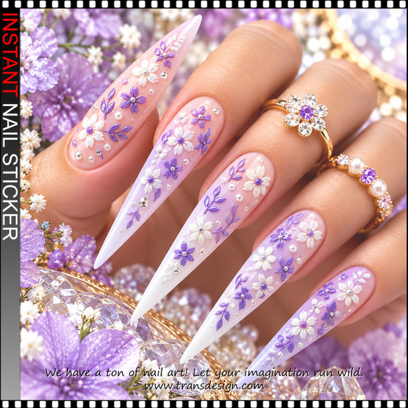 5D NAIL STICKER – LAVENDER & PEARL WHITE FLORAL BLOSSOMS *