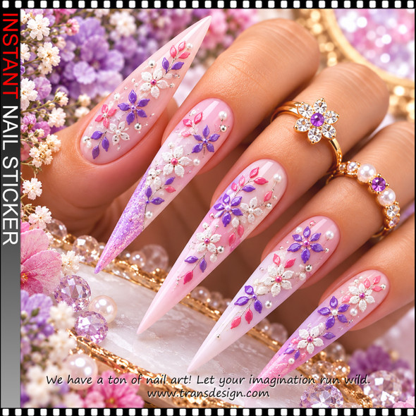 5D NAIL STICKER – PURPLE, PINK & PEARL WHITE FLORAL BLOSSOMS *