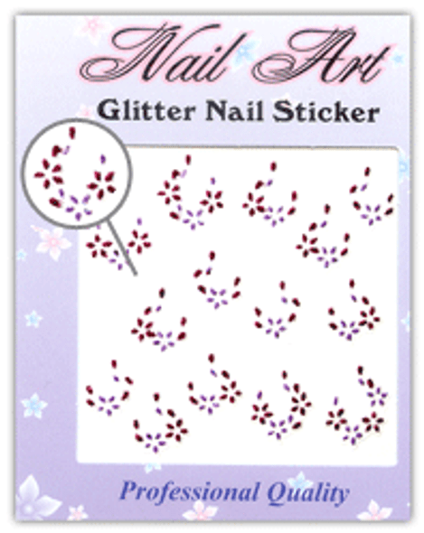 NAIL STICKER Flower, Red & Purple Glitter #67-08