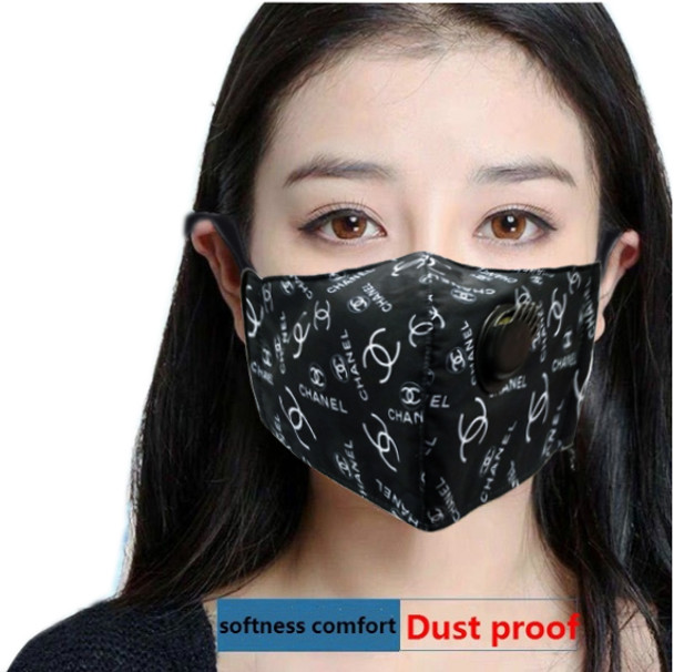 Reusable Face Mask Black/White "CC" Pattern with Valve Breathing Filter