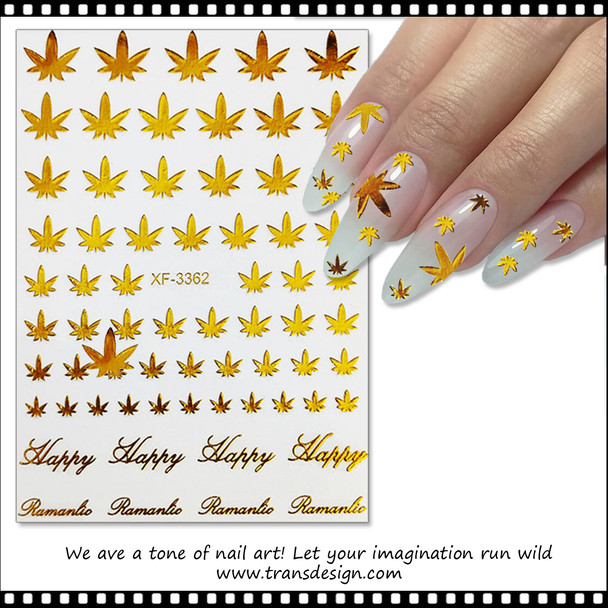 NAIL STICKER Leaves, Weed Hologram Gold #XF3362-03