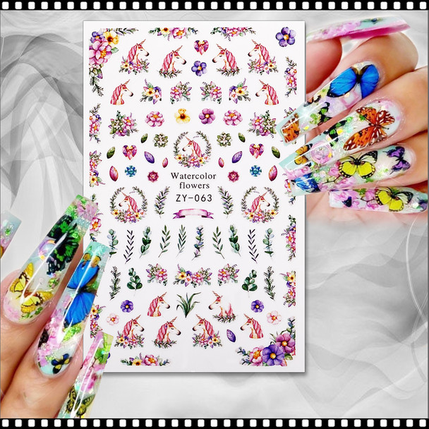 NAIL STICKER Animal, Assorted Unicorn & Flower #ZY-063