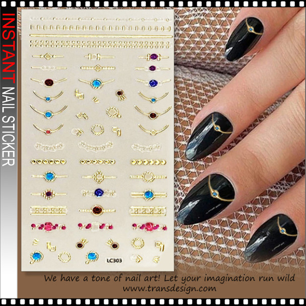 NAIL STICKER Abstraction, Gold Lines with Gem Accents #LC303