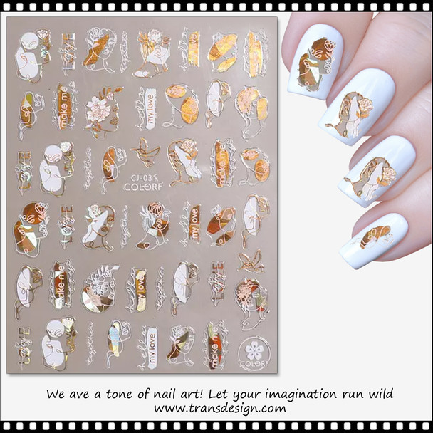 NAIL STICKER Leaves, Gold & White #CJ-031