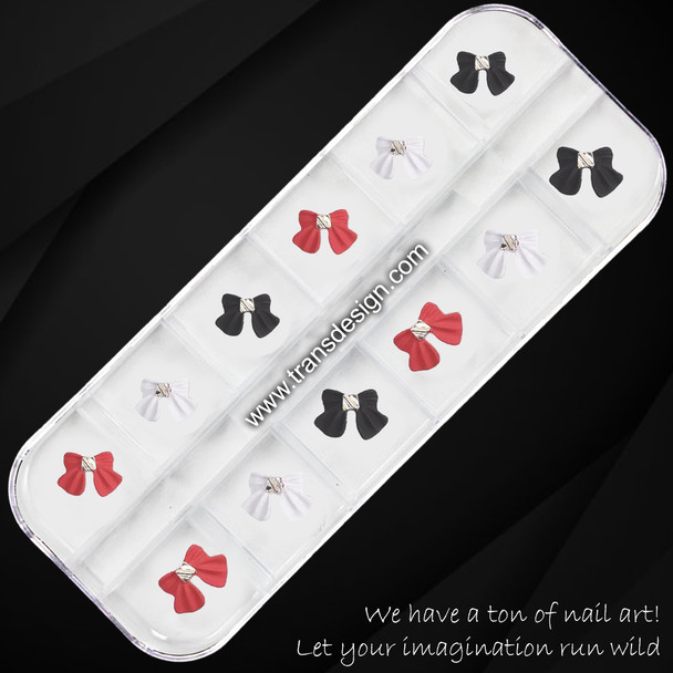 NAIL CHARM RESIN Bows Black,Red,White 12/Case