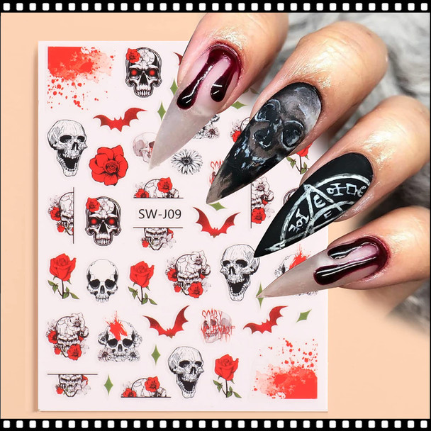 NAIL STICKER Halloween, Skull & Red Flower #SW-J09