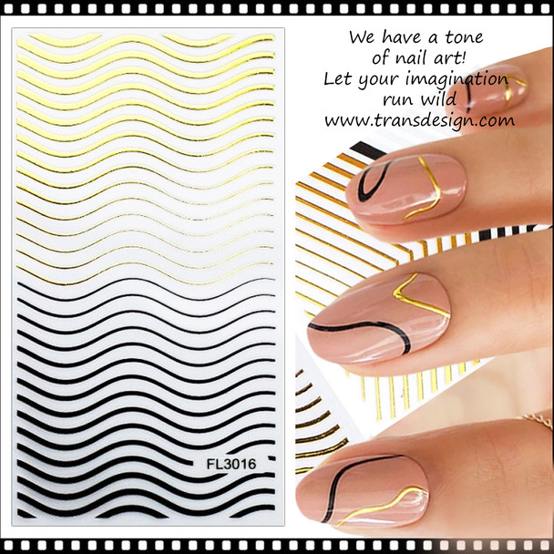 NAIL STICKER Stripe Wave Black & Gold #FL-3016