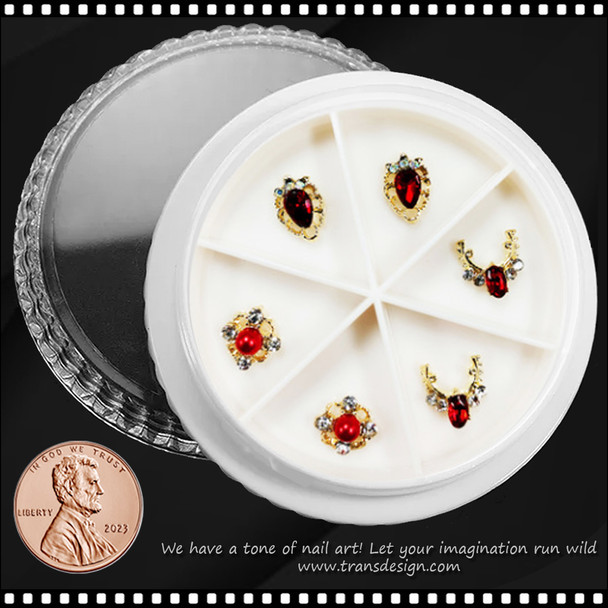 NAIL CHARM RHINESTONE Red & Gold 6/Case