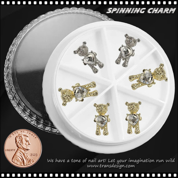 NAIL CHARM RHINESTONE Spinner Gold & Silver Bear 6/Case #1