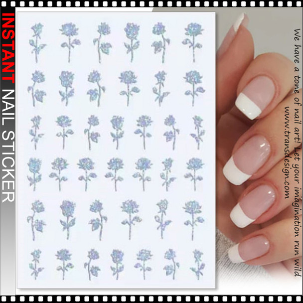 NAIL STICKER Flower, Glitter Silver Hologram  Roses #H-330