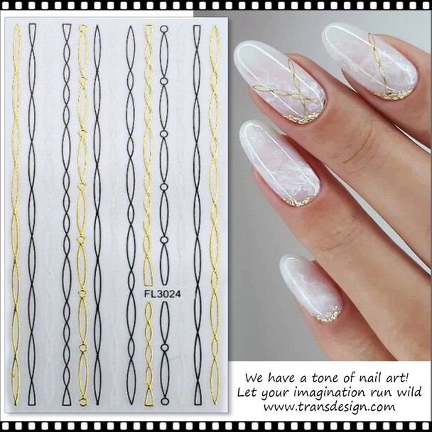 NAIL STICKER Stripe, Golden, Black & White #FL3024