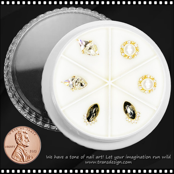 NAIL CHARM RHINESTONE & PEARL Gold Abstract Design 6/Case *