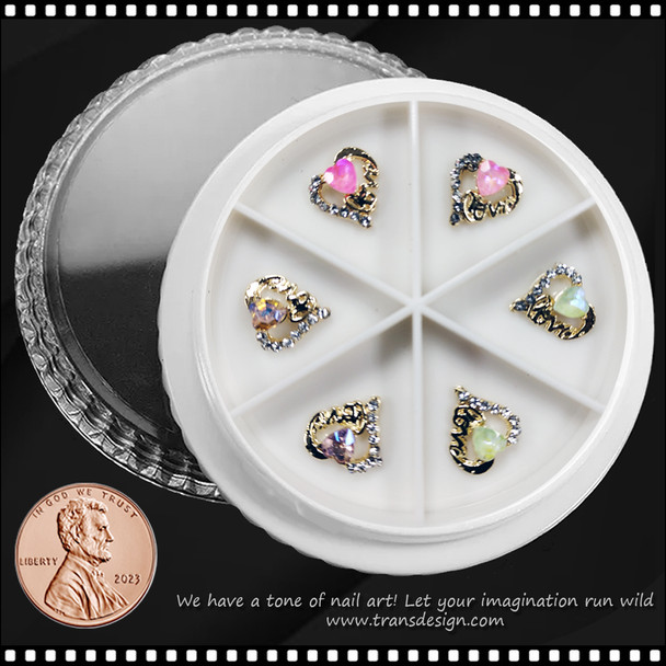 NAIL CHARM RHINESTONE Love & Heart Gold 6/Case #3