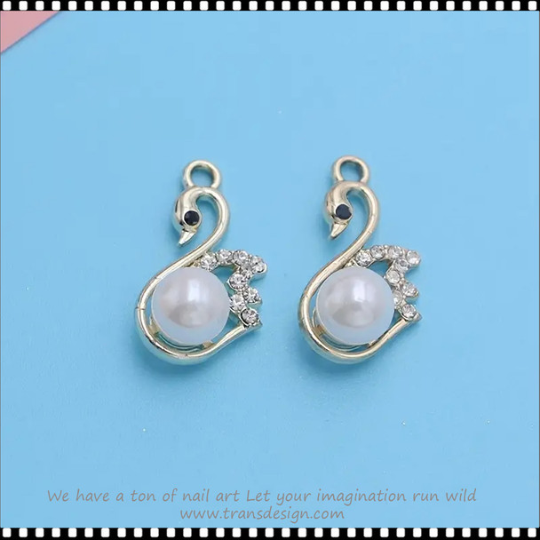 NAIL CHARM ALLOY Gold Plated Pearl Enamel Swan 2/Pack