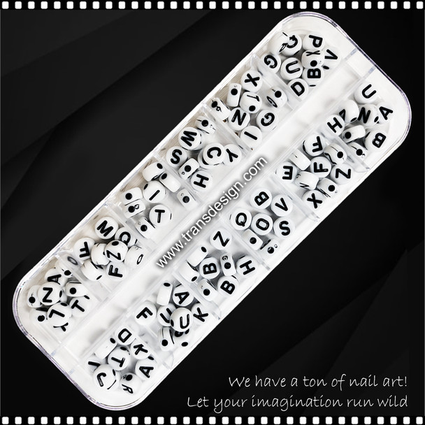 NAIL CHARM RESIN Round Flat Alphabet White Mixed 100/Case