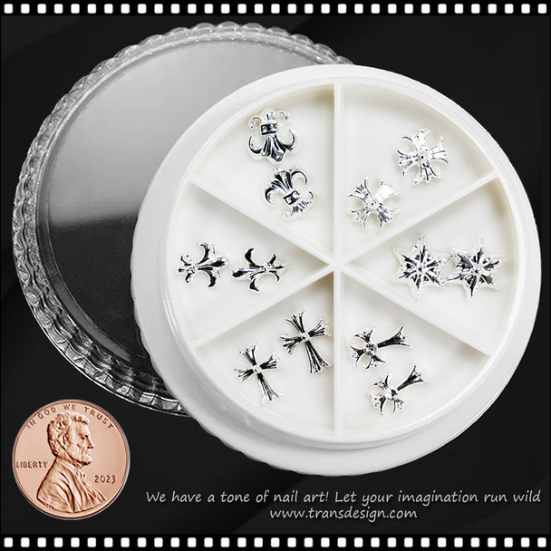 NAIL CHARM ALLOY Cross Assorted Silver Design 12/Case #1