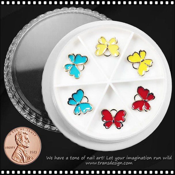 NAIL CHARM ALLOY Teal, Yellow, & Red Butterfly 6/Case