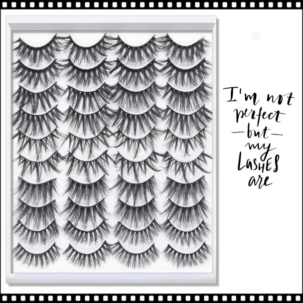 INSTANT EYELASH Flared and Doll Eye Styles, C-Curl, Multi-Sizes, High Volume, Cross Cluster Lashes, 20 Pair/Pack # G501