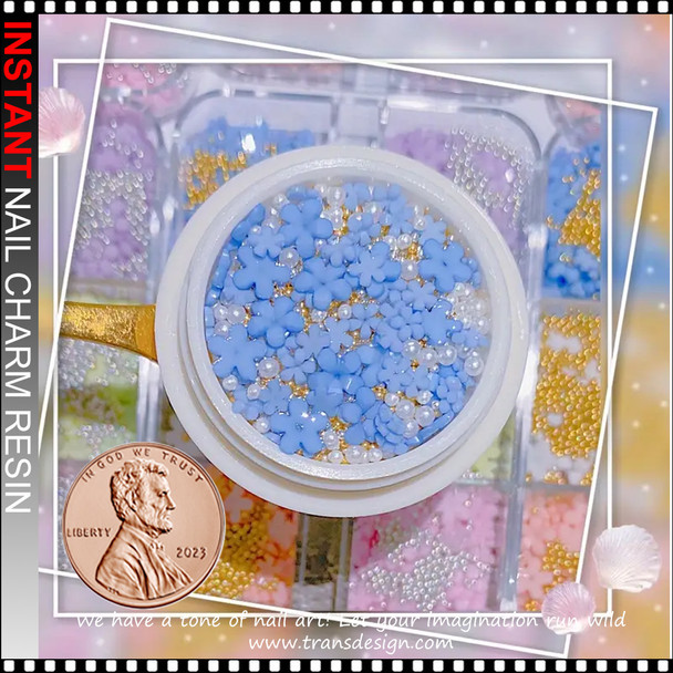 NAIL CHARM RESIN Blue Flowers with Golden And Silvery Caviar Beads 